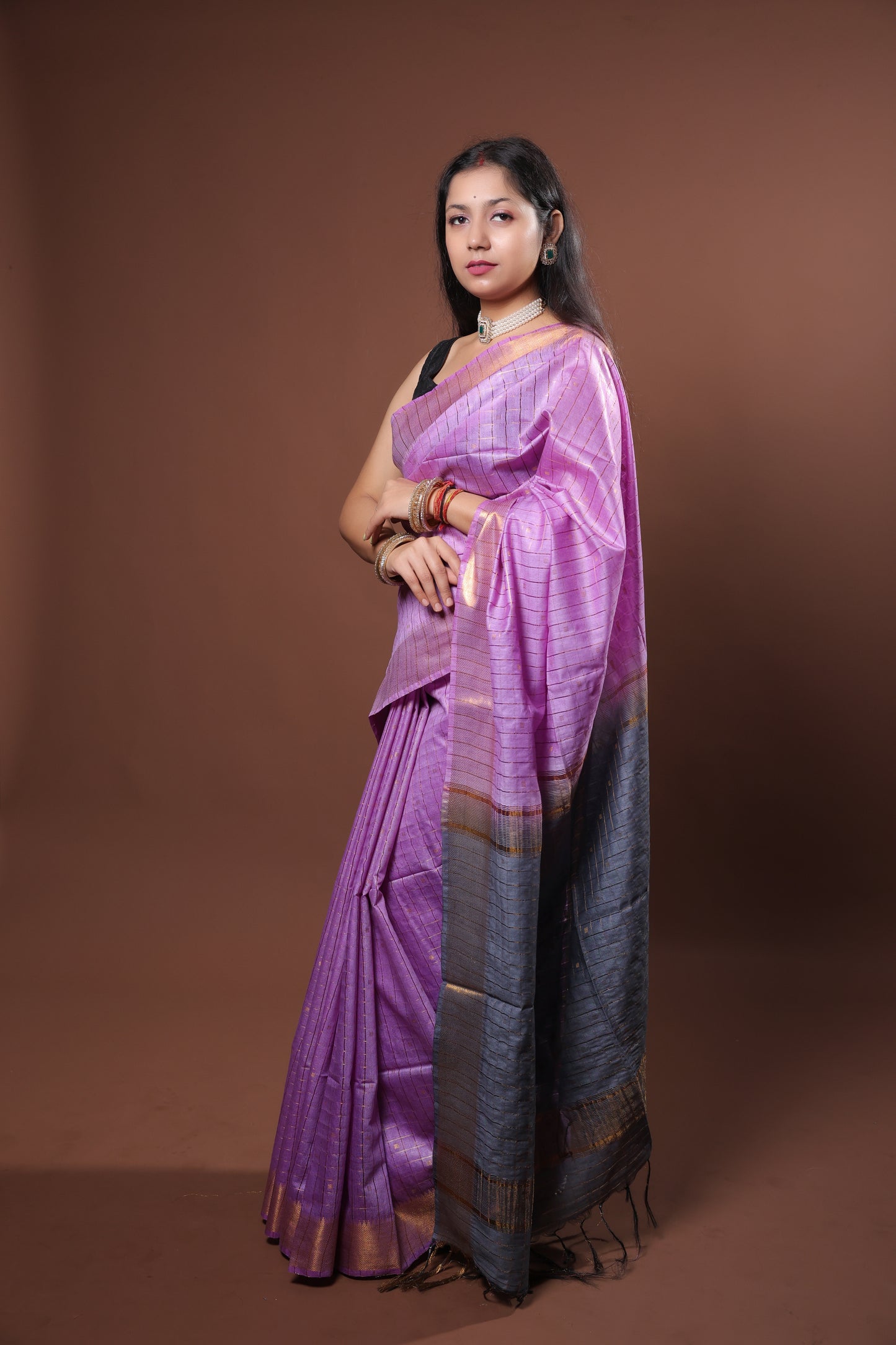 Purple and grey Stripped Saree with zari border