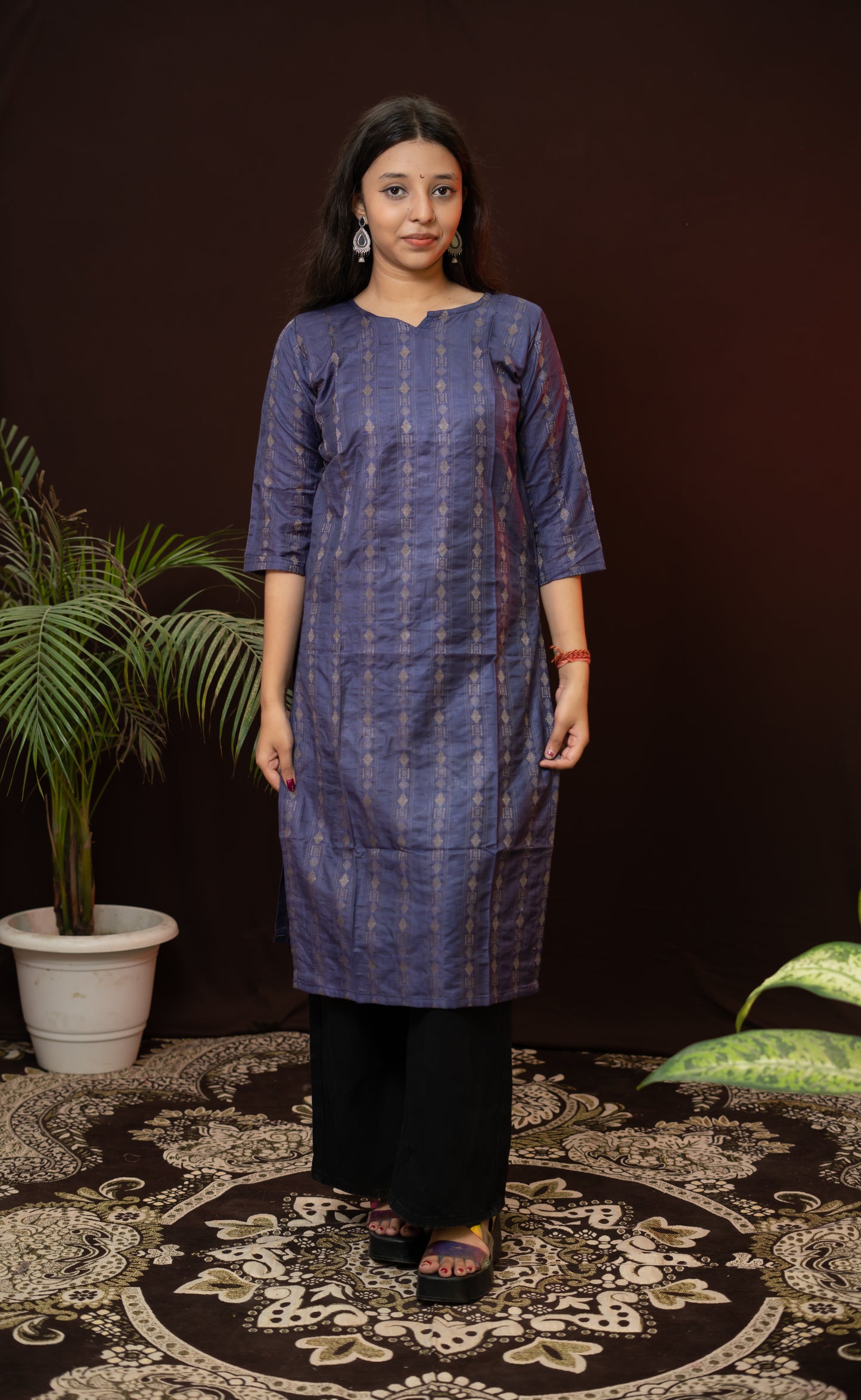 Dark Blue striped Kurti with black pattern