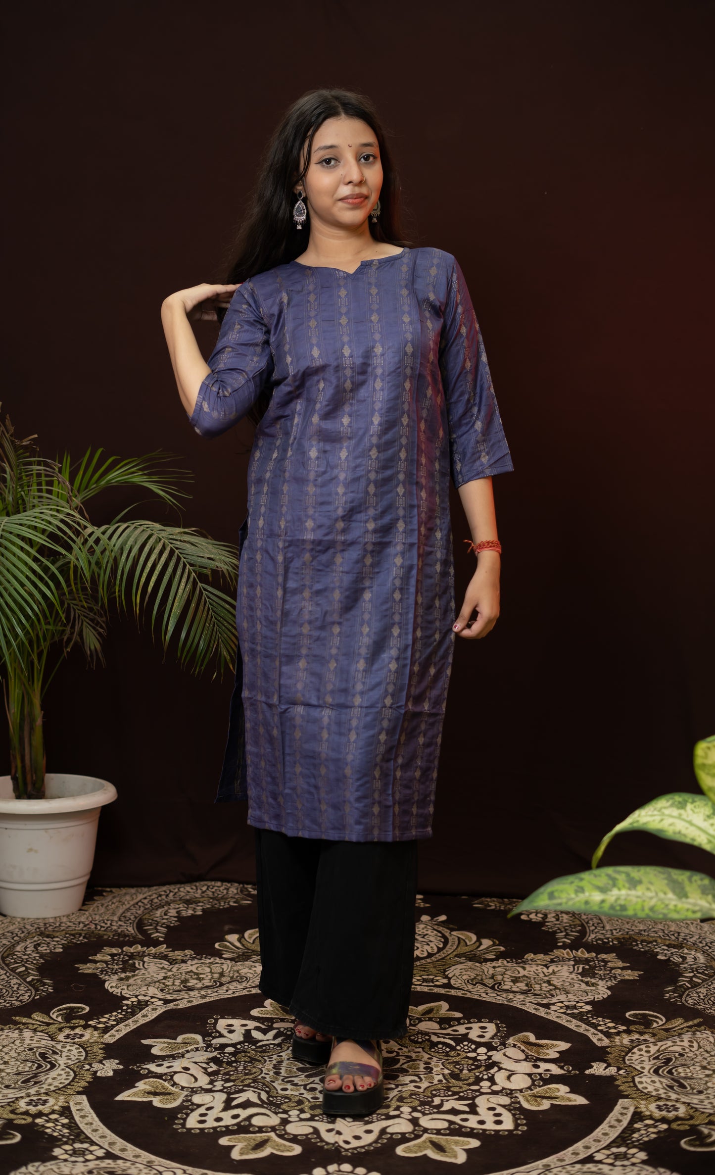 Dark Blue striped Kurti with black pattern