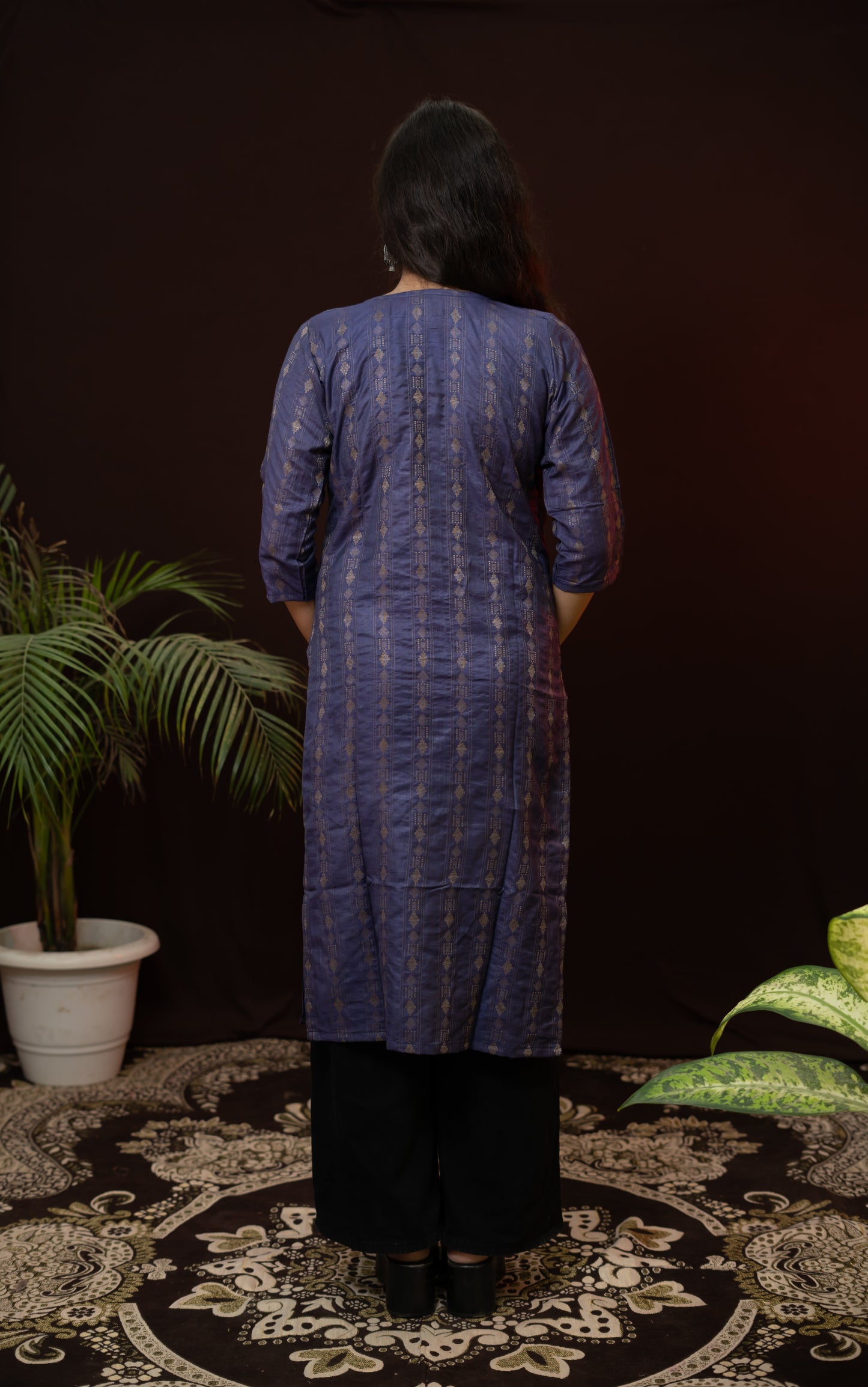 Dark Blue striped Kurti with black pattern