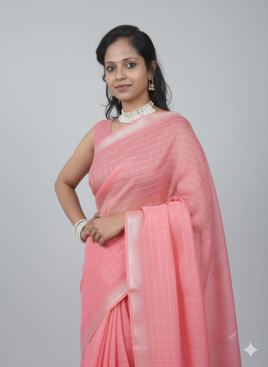 checkered saree with silver zari