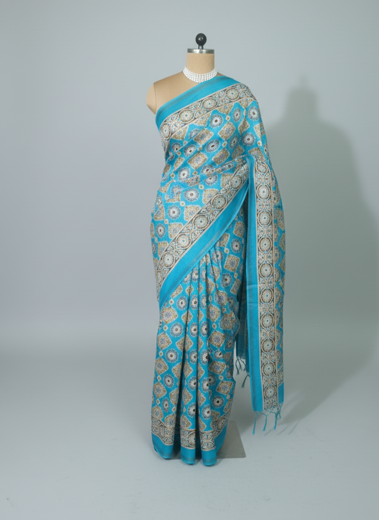 Printed Saree with beautiful sea blue color