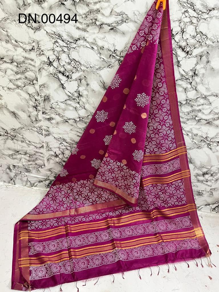 white Floral printed purple color saree