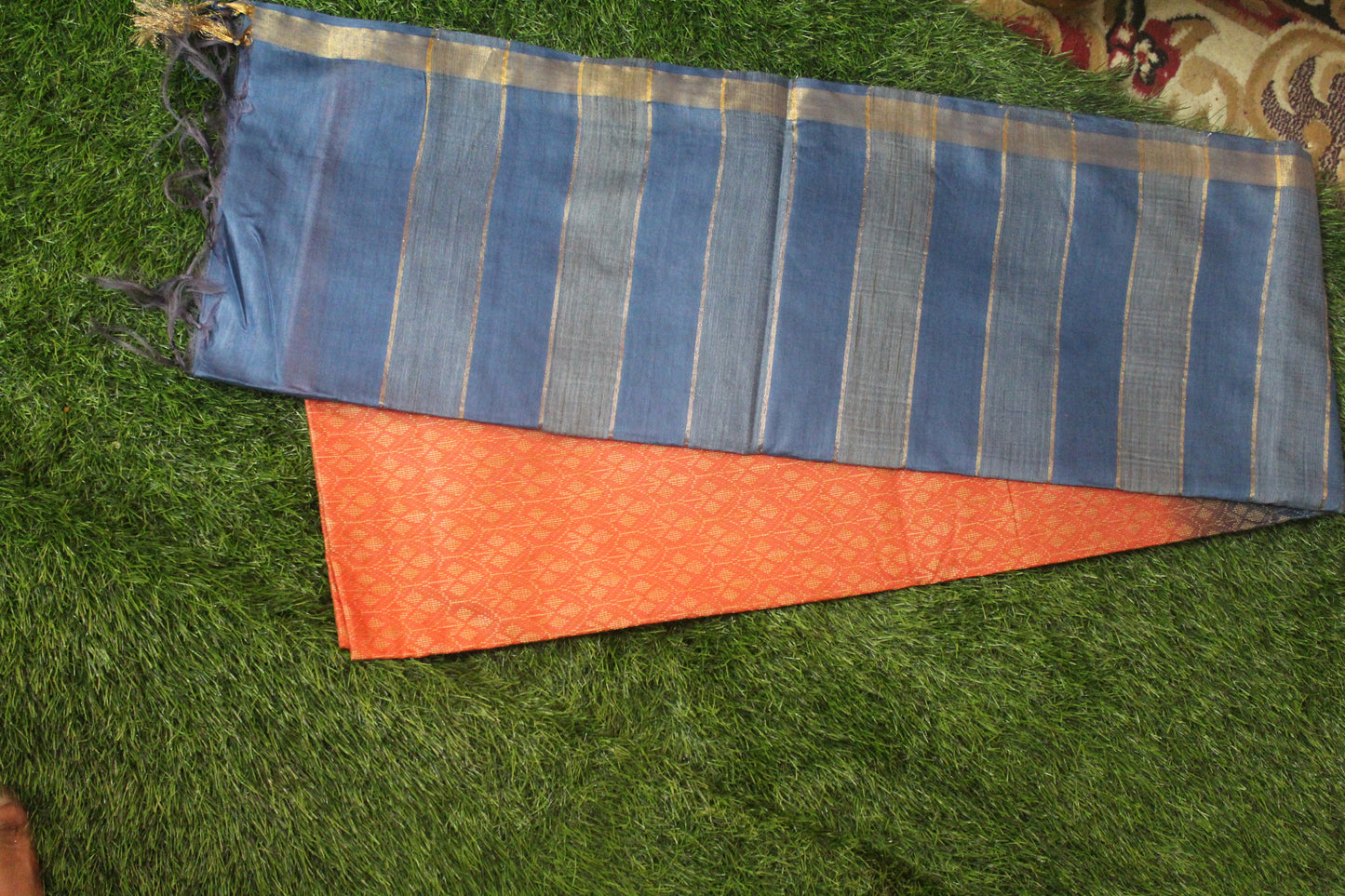 white pattern Embroidered Saree in orange color