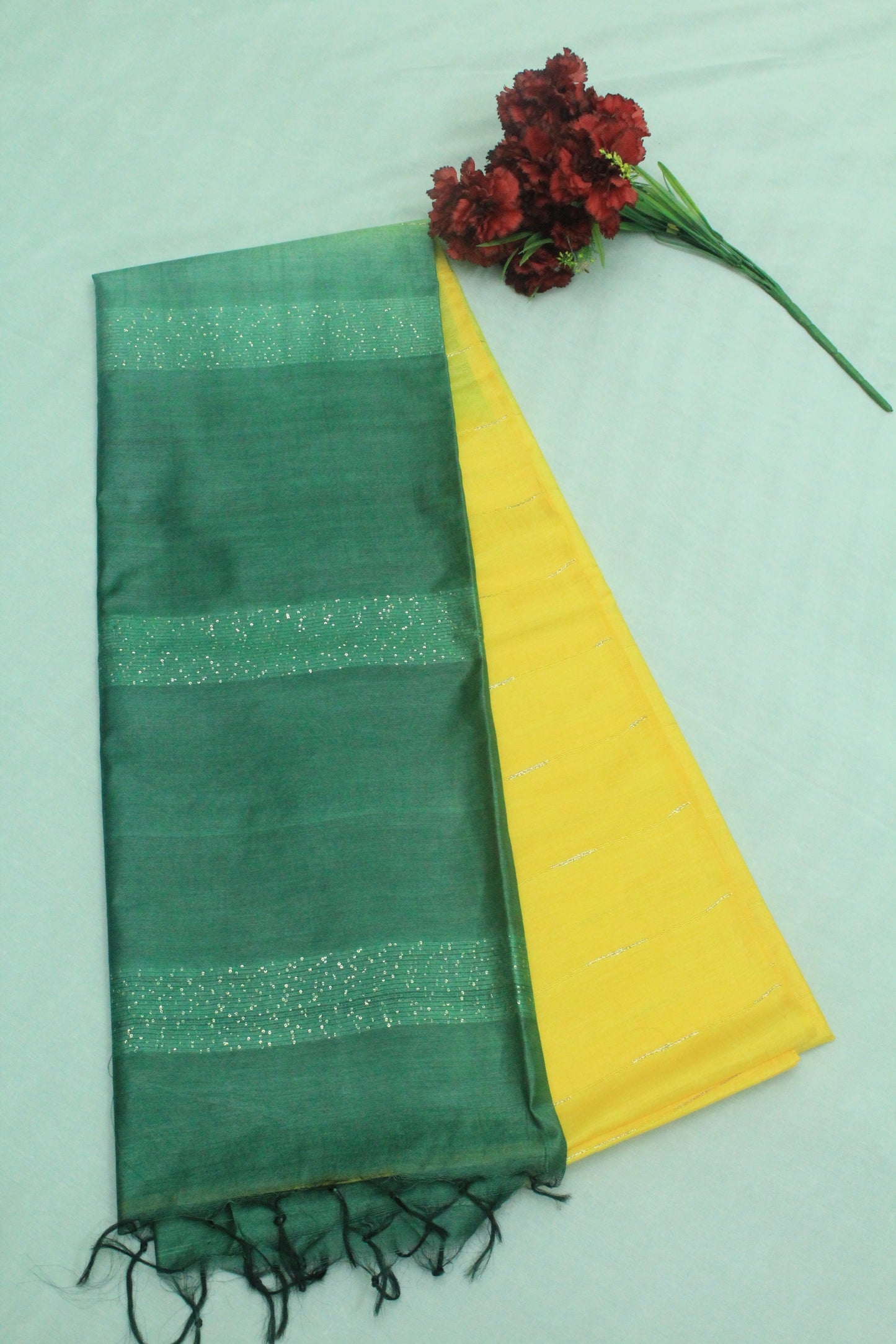 Sequence pallu without border silk Saree with yellow and grey color