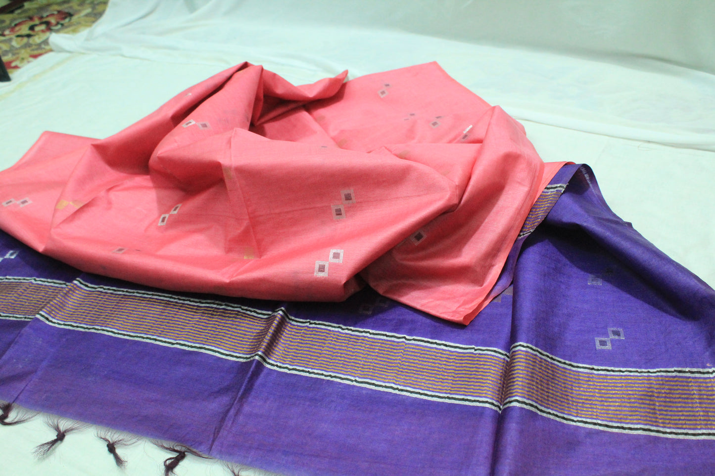 silver buta without border pink color silk saree