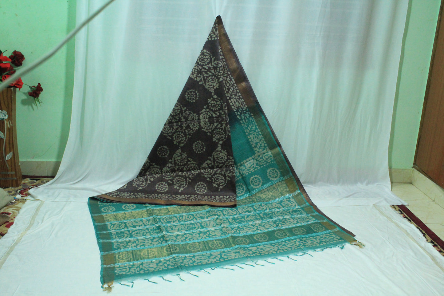 Teal and black patterned bhagalpuri saree in black color