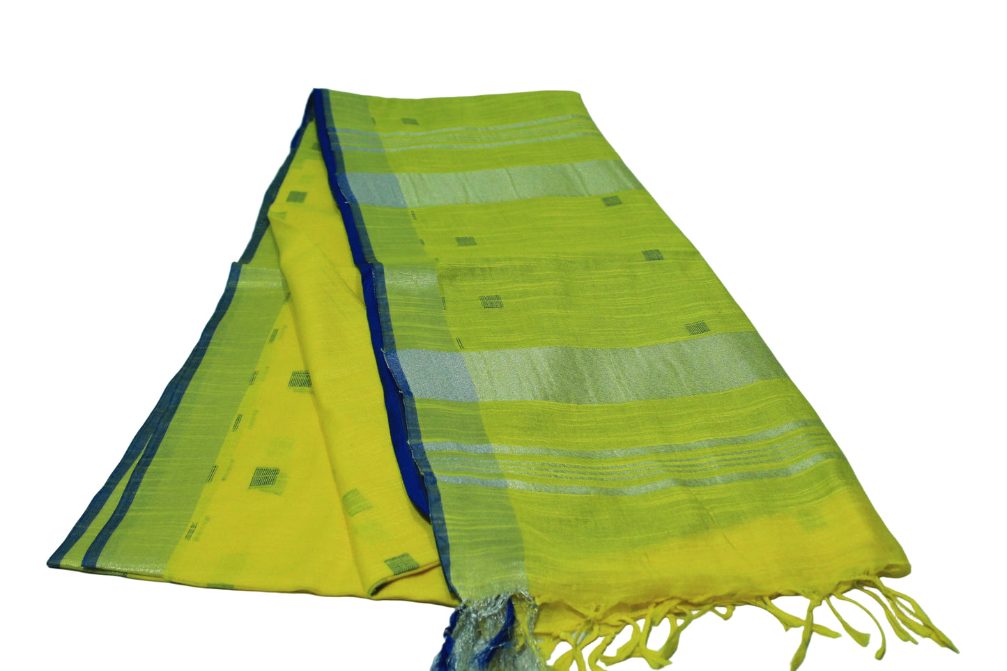 Bright yellow festive wear Saree with blue patches