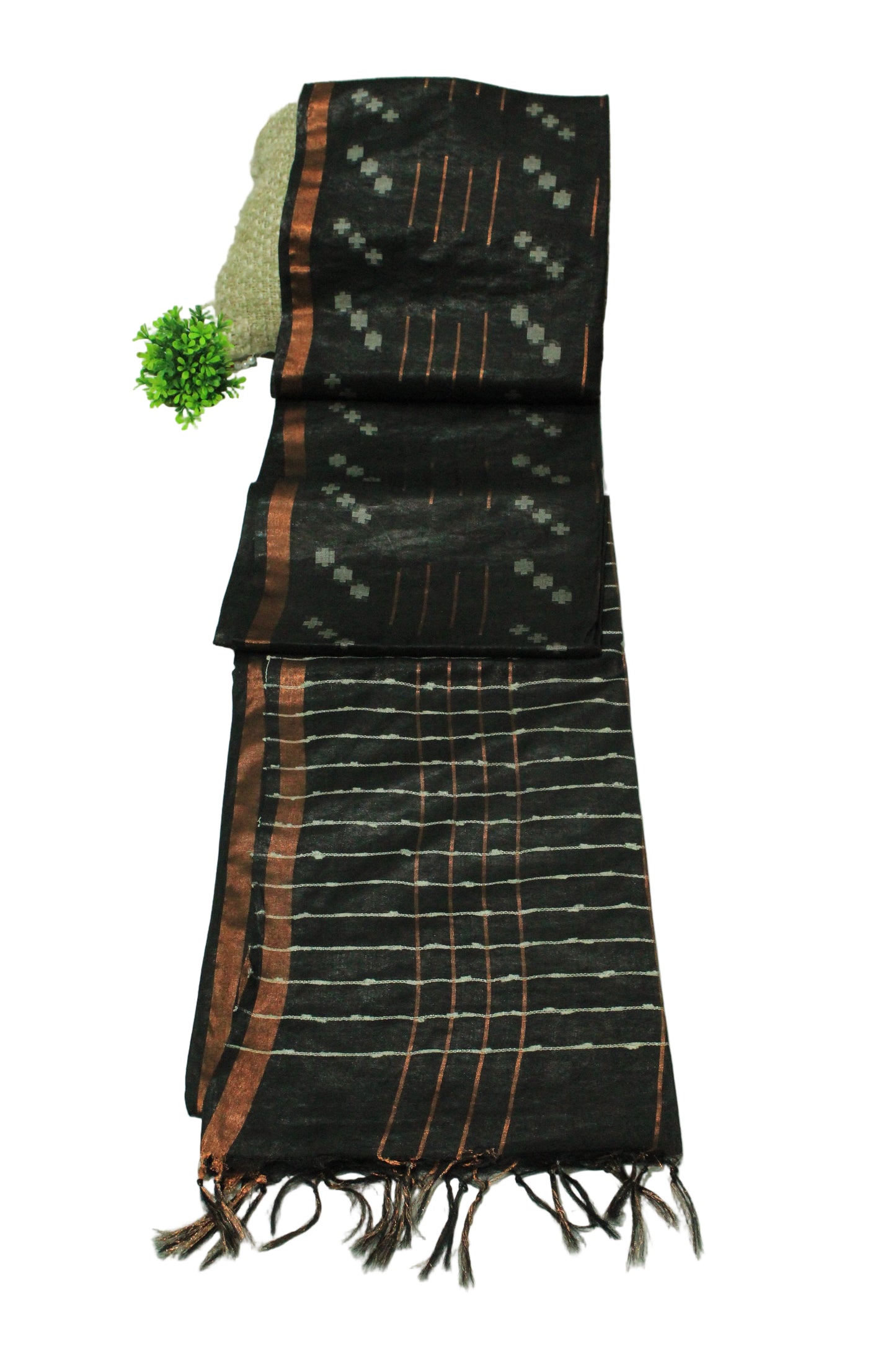 Black Silk Saree with white pattern and gold zari