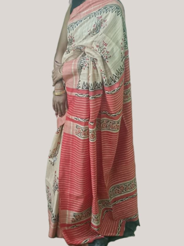 Printed Tassar Silk Saree with enriched cream color