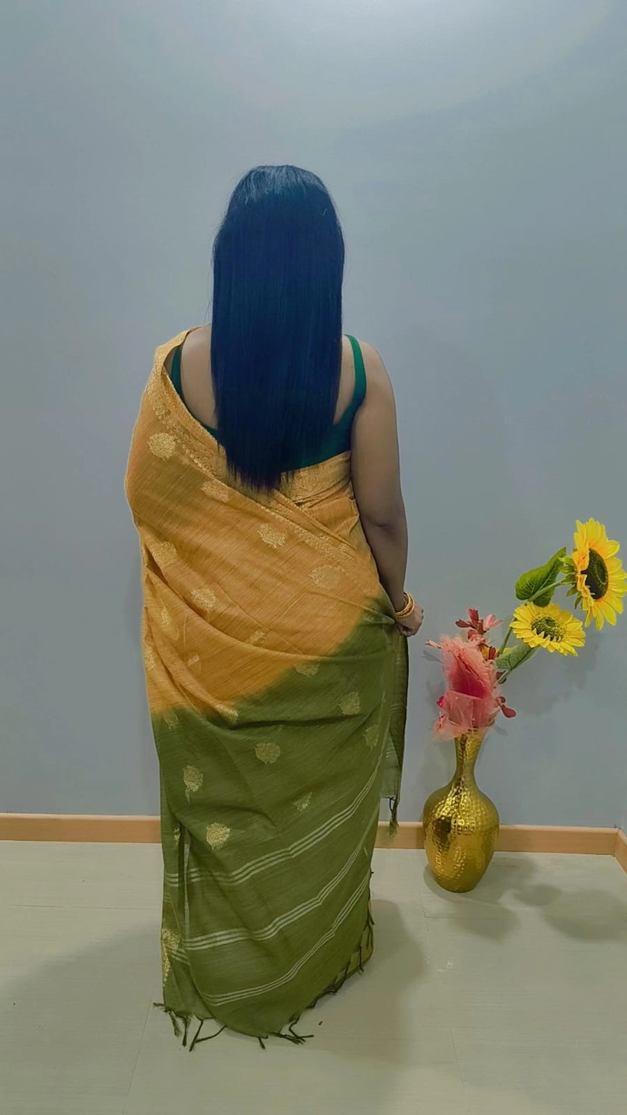 Silk Saree with golden path in gold and green color