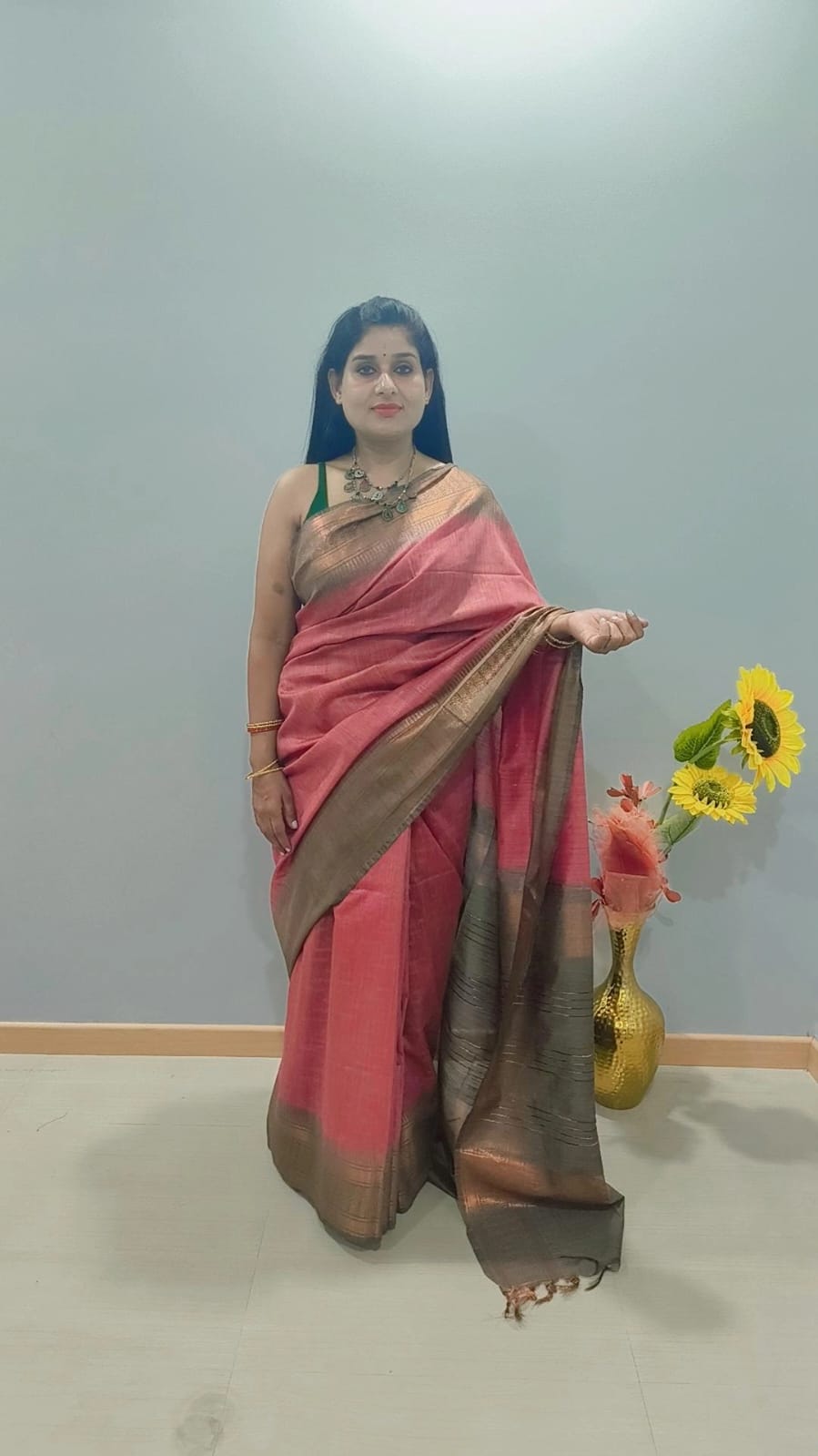 Silk Saree with wide golden border in dark pink and brown color