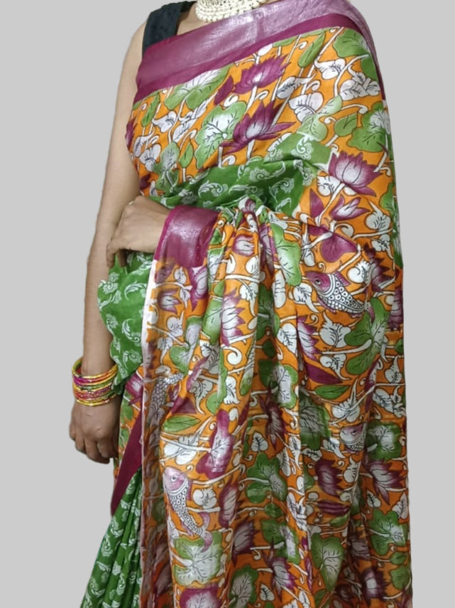 Beautiful multicolor printed Saree with silver zari