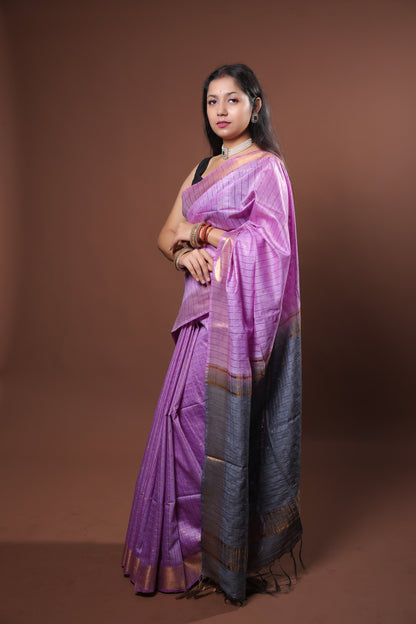 Purple and grey  Stripped Saree with zari border