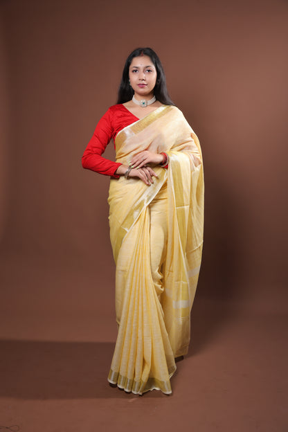 plain yellow Linen Saree with zari border