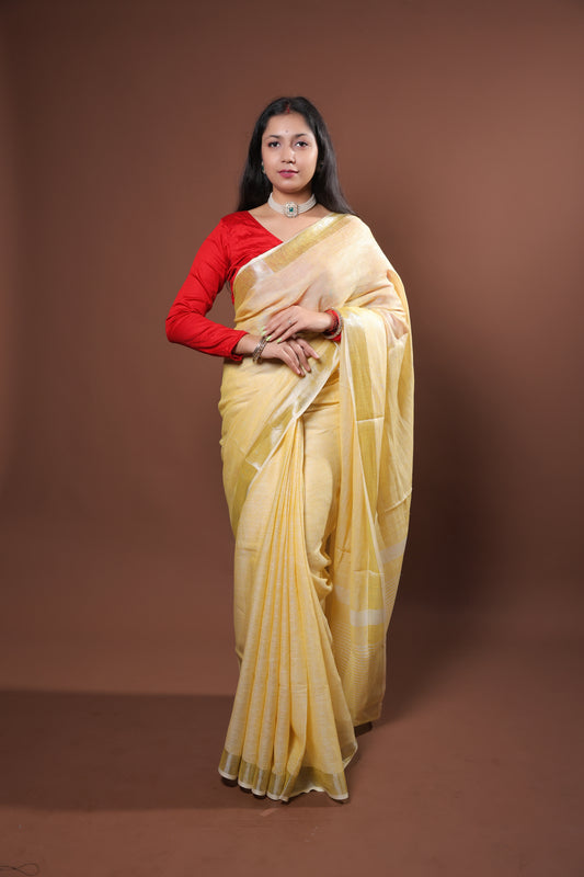 plain yellow Linen Saree with zari border