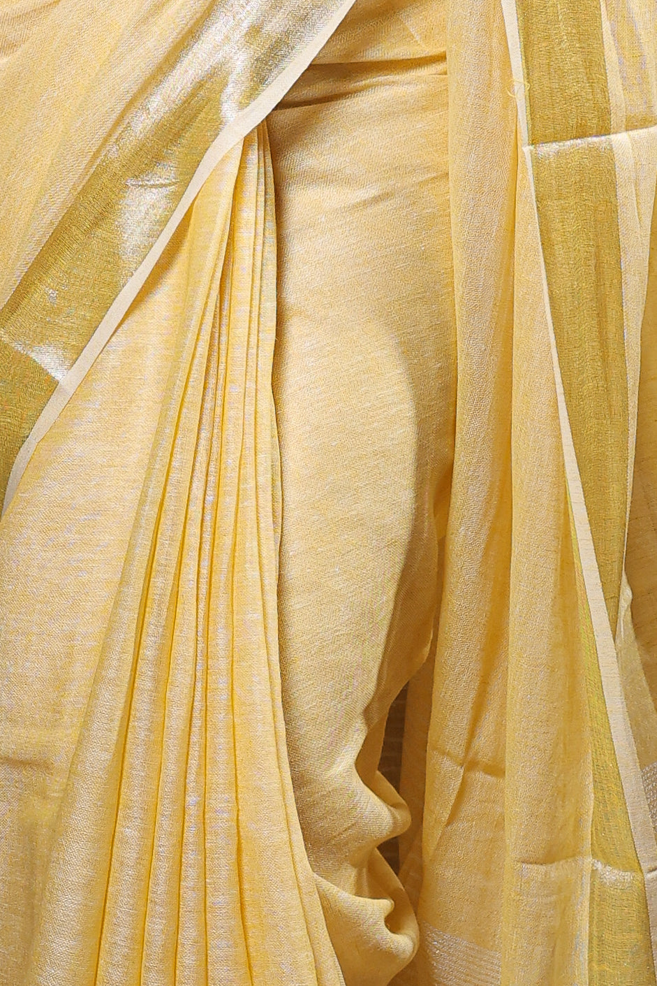 plain yellow Linen Saree with zari border