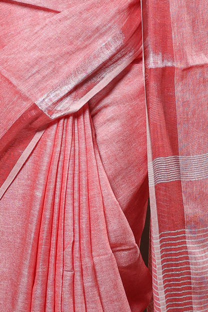 Pink plain saree with pattern pallu in Linen fabric