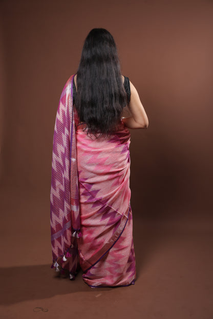 linen Pink Saree ekkat print