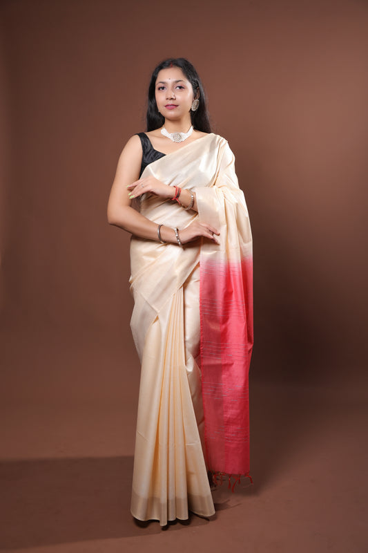 Cream color saree with sequence red Pallu and Sequence work