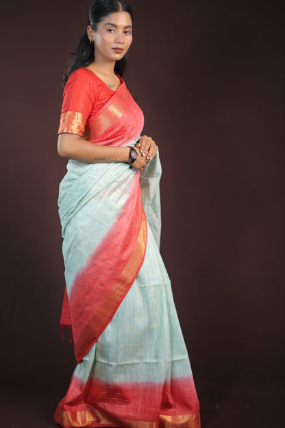 Red and white Saree suitable for festive season with gloden zari work