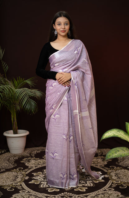 Linen Purple Saree with Flower Embroidery patch