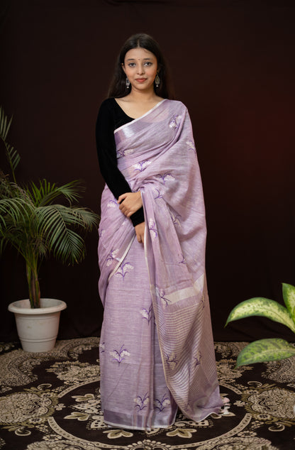 Linen Purple Saree with Flower Embroidery patch