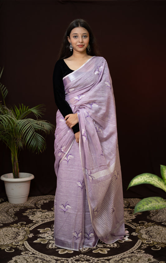 Linen Purple Saree with Flower Embroidery patch