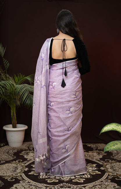 Linen Purple Saree with Flower Embroidery patch