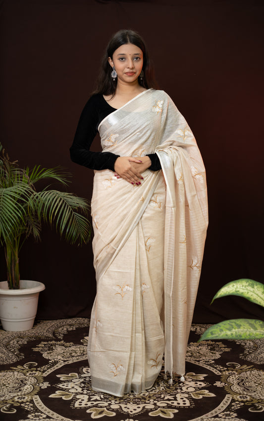 Embroidered White Linen Saree with zari border