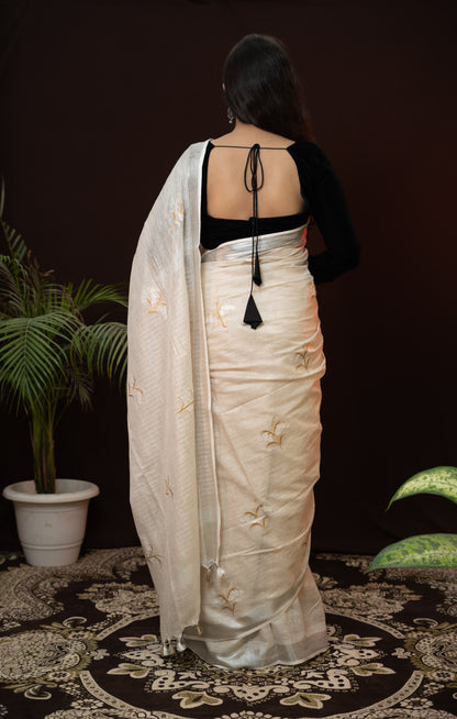 Embroidered White Linen Saree with zari border