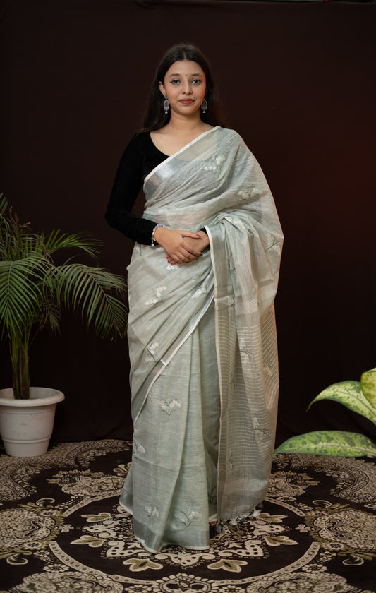 Linen Saree with enriched Silver color with beautiful embroidery
