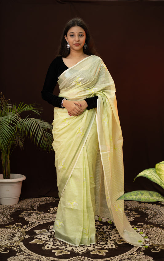 Yellow Saree in Linen fabric with zari border and embroidery work