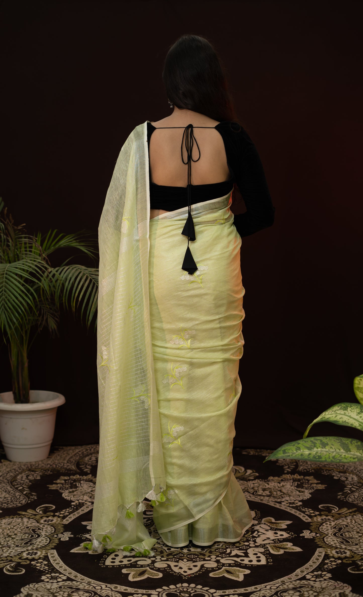 Yellow Saree in Linen fabric with zari border and embroidery work