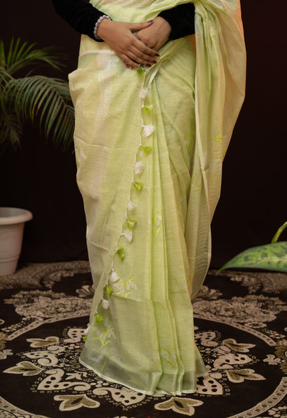 Yellow Saree in Linen fabric with zari border and embroidery work