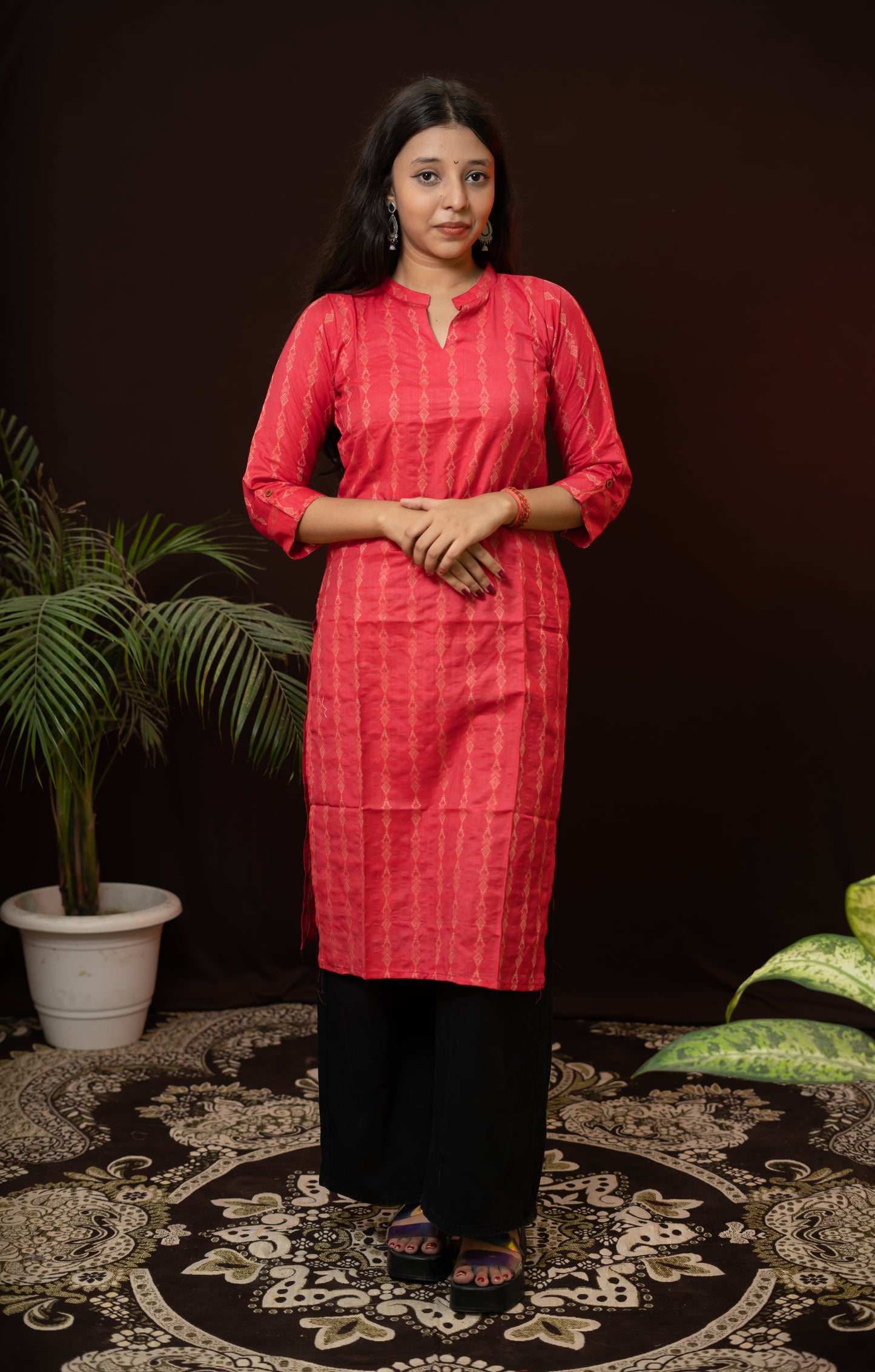 Red Office wear Kurti with collor neck