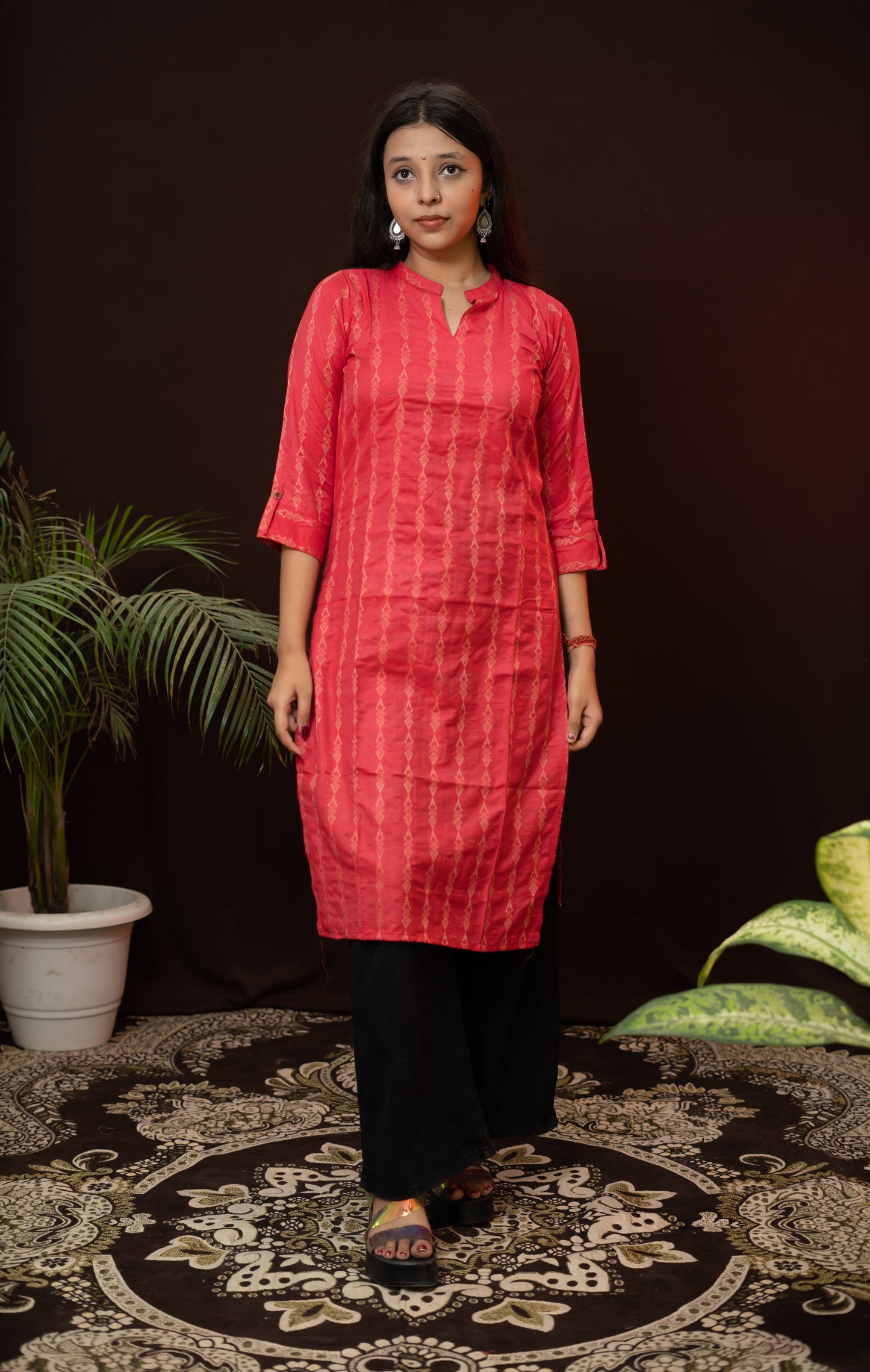 Red Office wear Kurti with collor neck
