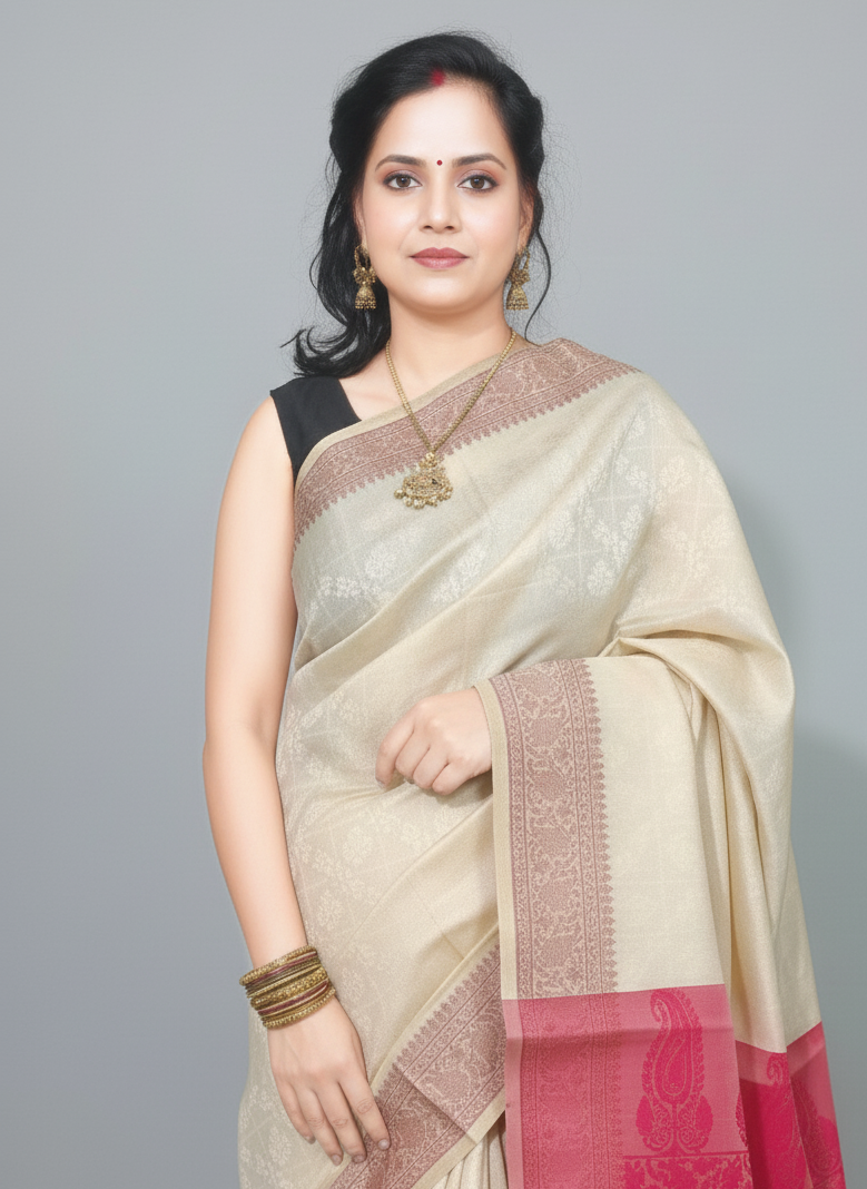 Banarasi silk saree with beige and red pallu