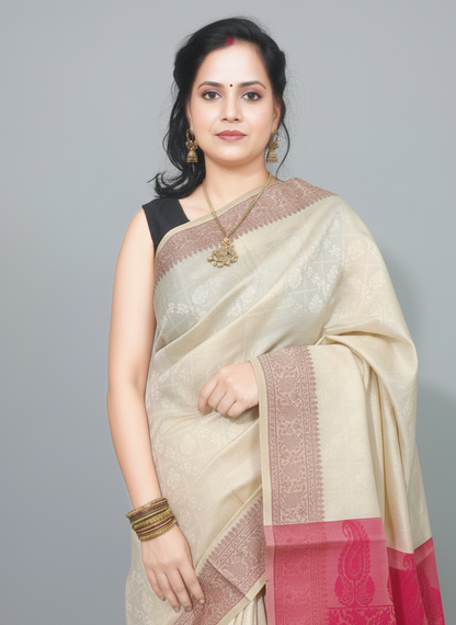 Banarasi silk saree with beige and red pallu