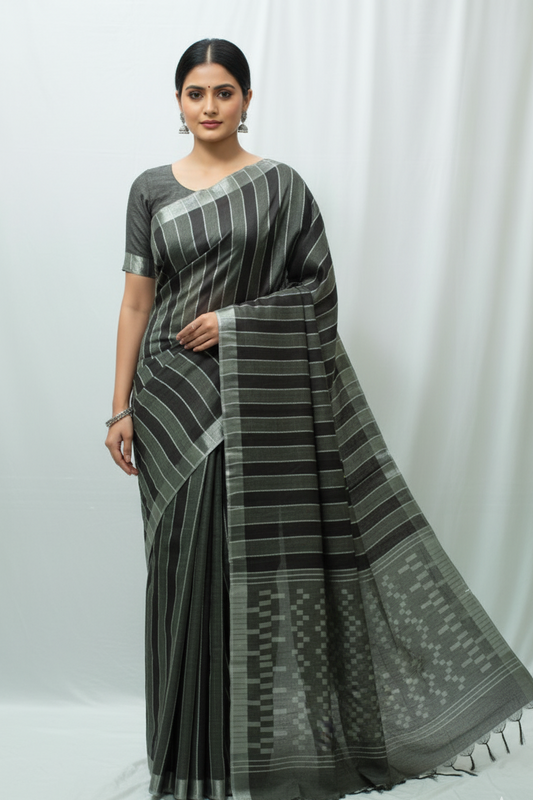 Staple body silver border black color silk Saree