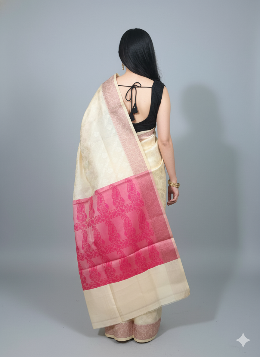 Banarasi silk saree with beige and red pallu