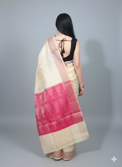 Banarasi silk saree with beige and red pallu