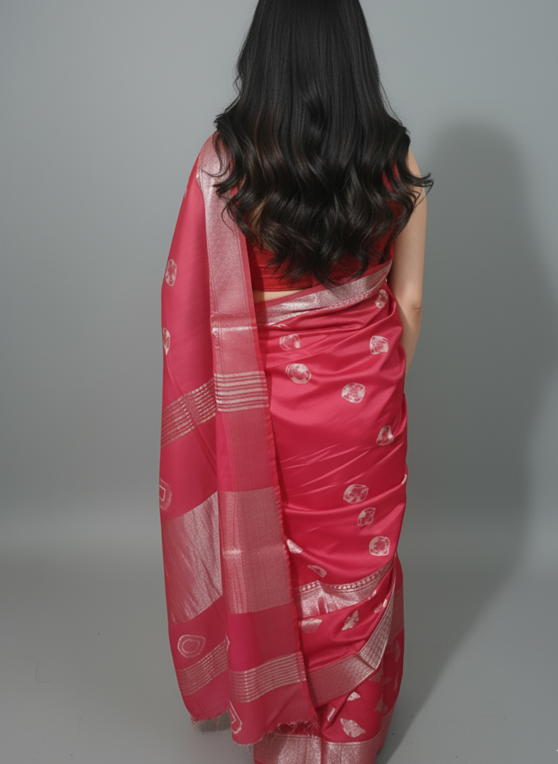 Designer saree with silver zari butterfly and bandhani print