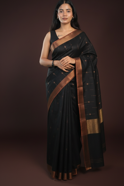 Black Saree with gold border and gold patches