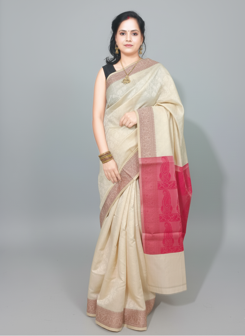 Banarasi silk saree with beige and red pallu