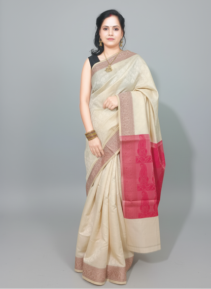 Banarasi silk saree with beige and red pallu