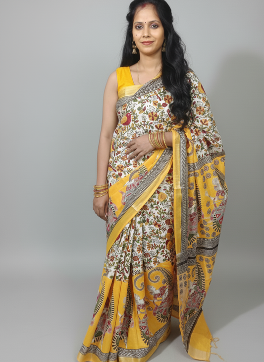 Printed Saree with multicolor design in yellow and white saree
