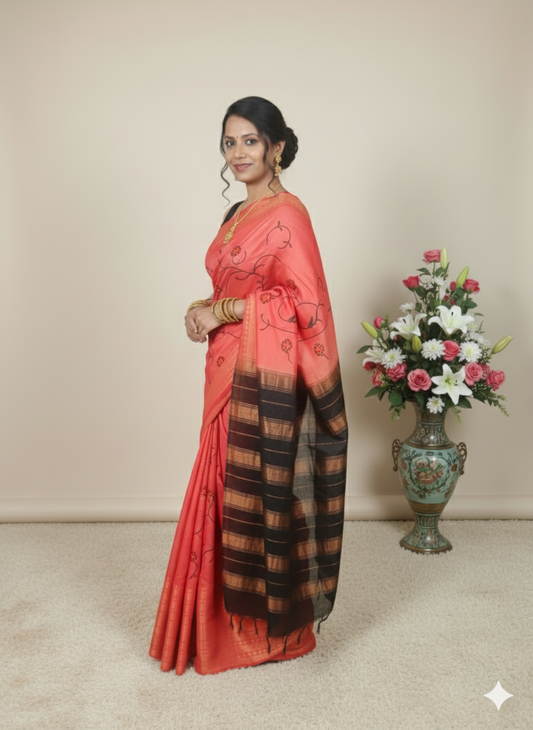 Emboidered Saree in red and black color for festive wear
