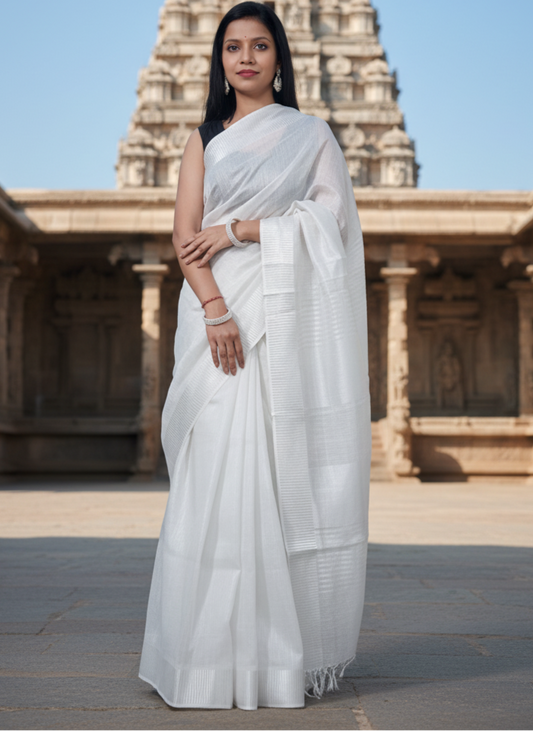 silver zari  Saree in linen fabric