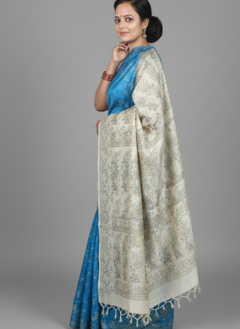 Banarasi Saree in blue and white color with floral pattern